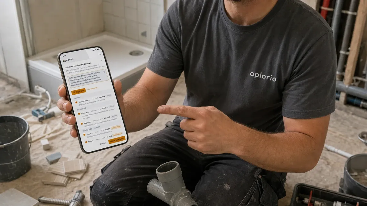 Un plombier sur son chantier montre son devis généré par l’IA d’Aplorio, prêt à insérer.