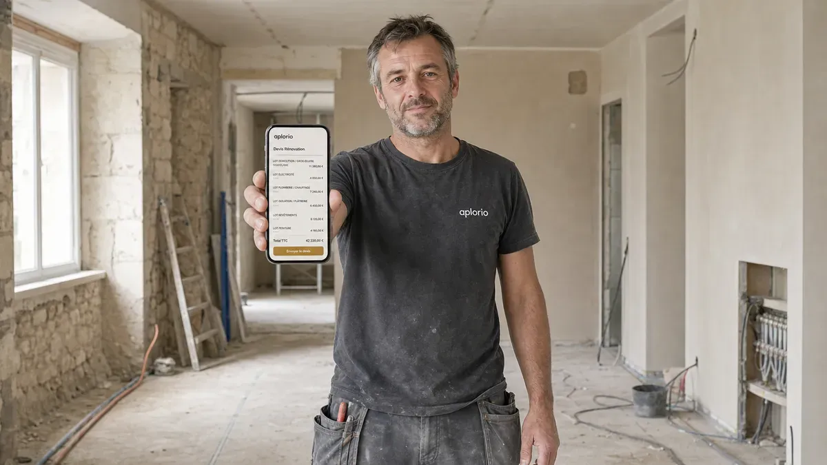 Un auto-entrepreneur du bâtiment dans un studio en rénovation consulte un devis Aplorio sur son téléphone.