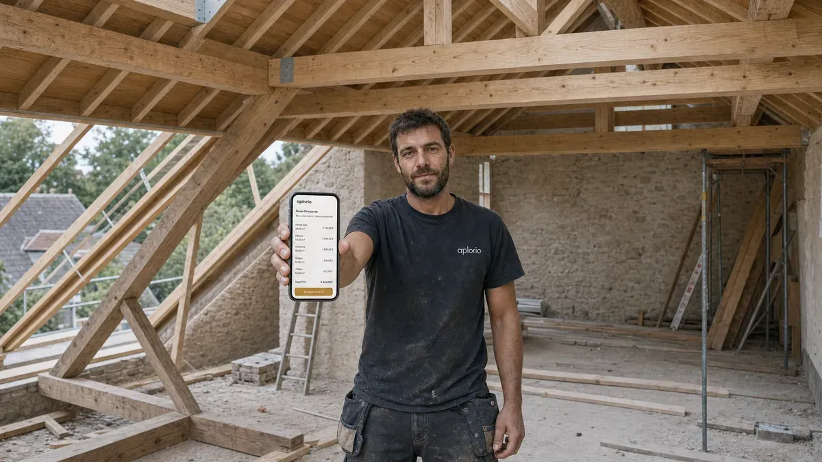 Un charpentier sur une charpente en cours de montage consulte un devis Aplorio sur son téléphone.