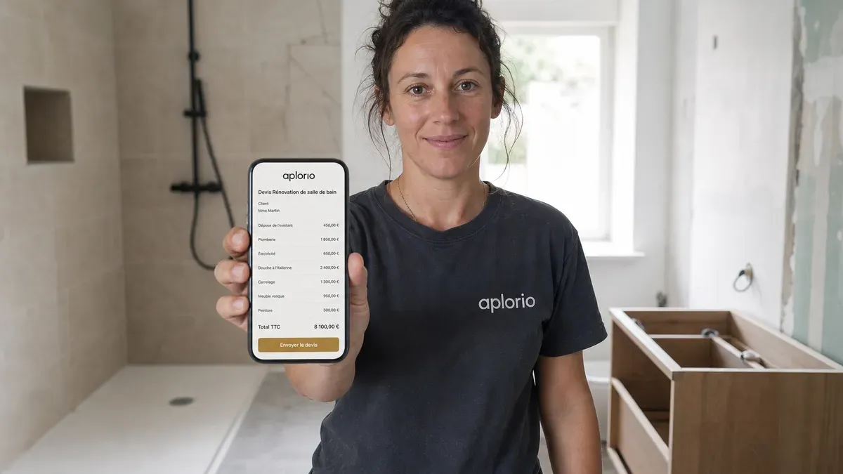 Un chauffagiste devant une pompe à chaleur consulte un devis Aplorio sur son téléphone.