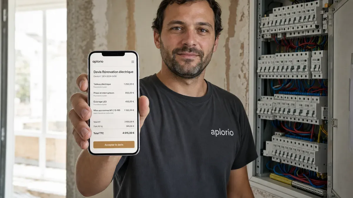 Un électricien devant un tableau électrique consulte un devis Aplorio sur son téléphone.