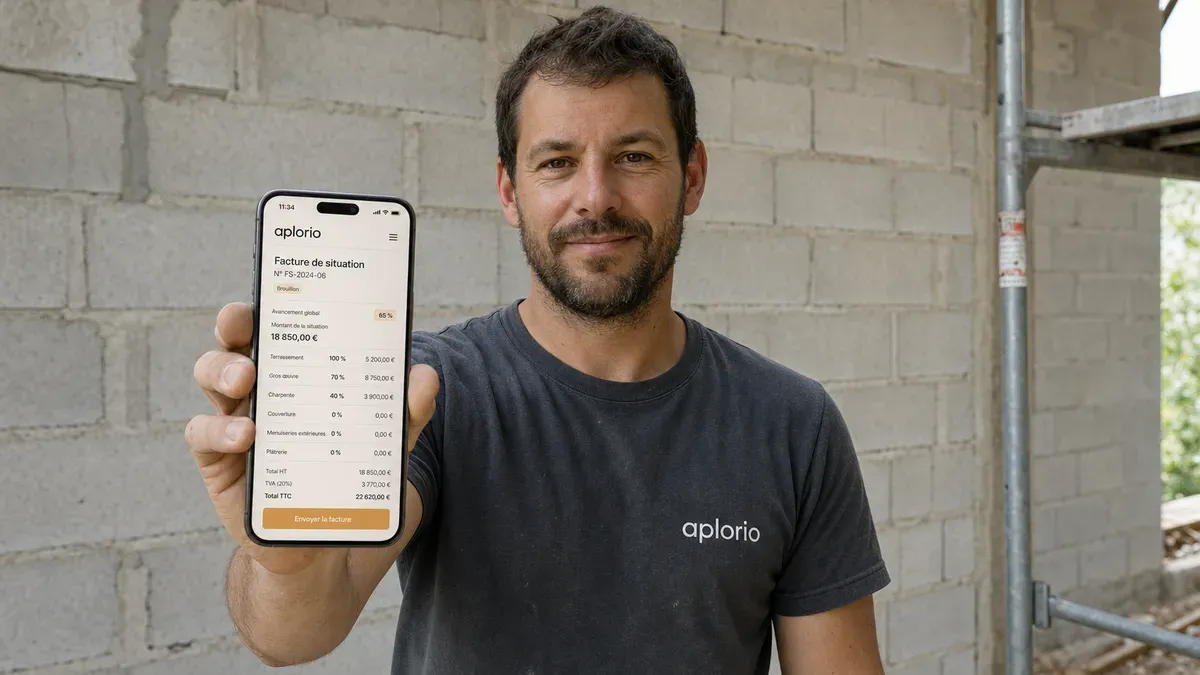 Un maçon devant un mur en parpaings consulte une facture de situation Aplorio sur son téléphone.