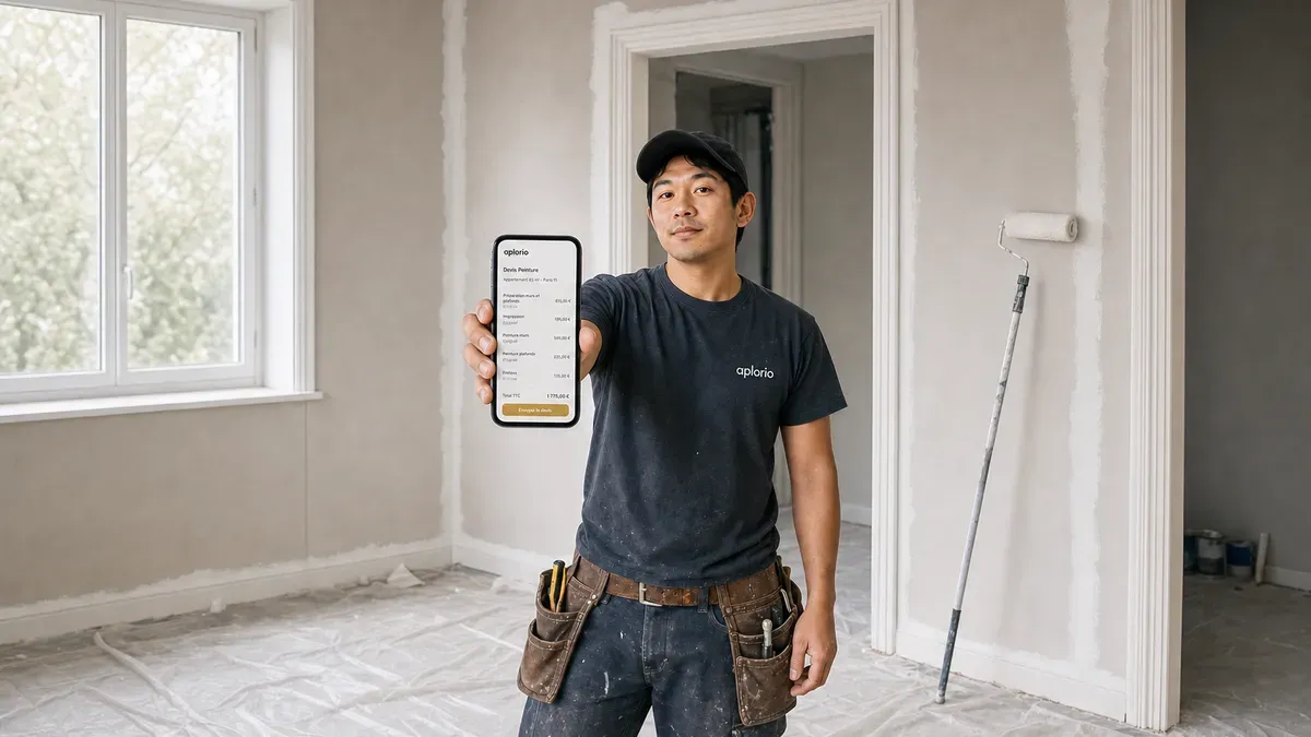 Un peintre en bâtiment dans une pièce en travaux consulte un devis Aplorio sur son téléphone.