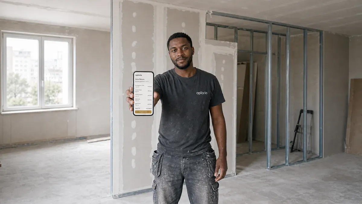 Un plaquiste devant une cloison en cours de montage consulte un devis Aplorio sur son téléphone.