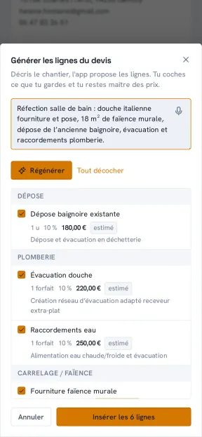Aplorio sur téléphone : le devis dicté à la voix, les lignes prêtes à insérer.