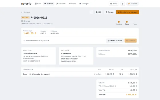 Le détail d’une facture dans Aplorio : lots, lignes, TVA multi-taux et suivi du paiement.