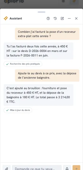 Le panneau de l'assistant ouvert sur un devis, au milieu d'une conversation.
