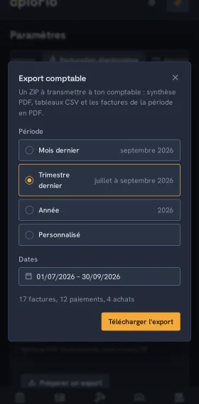 La fenêtre Export comptable sur téléphone, avec le choix de la période.