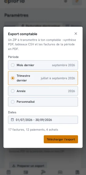 La fenêtre Export comptable sur téléphone, avec le choix de la période.