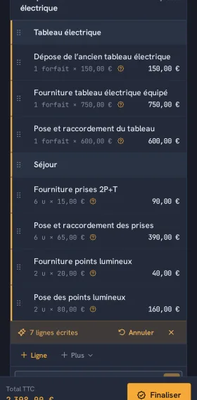 Un devis sur téléphone juste après que l'IA a écrit ses lignes, avec la barre « 7 lignes écrites ».