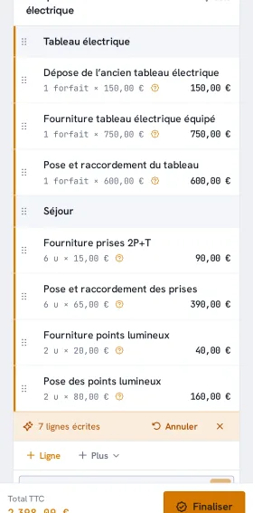 Un devis sur téléphone juste après que l'IA a écrit ses lignes, avec la barre « 7 lignes écrites ».