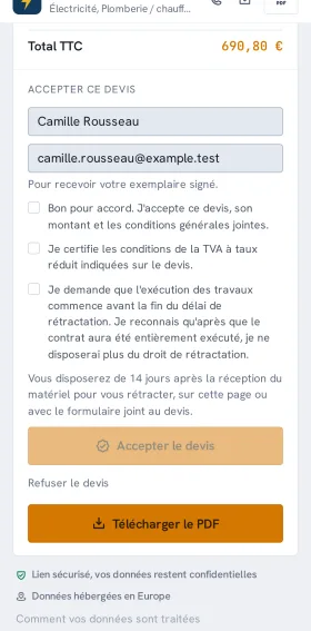 La page du devis côté client, sur téléphone, avec le cadre « Accepter ce devis ».