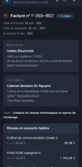 La page publique d’une facture Aplorio : le client voit le montant à régler, copie l’IBAN et télécharge le PDF.