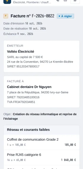 La page publique d’une facture Aplorio : le client voit le montant à régler, copie l’IBAN et télécharge le PDF.