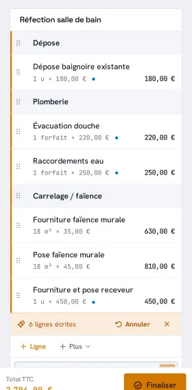 Aplorio sur téléphone : le devis dicté, ses lignes écrites par l’IA.