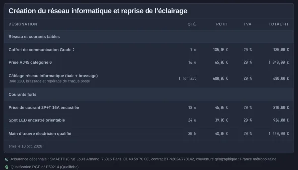 Le détail d’une facture dans Aplorio : lots, lignes, TVA multi-taux et mentions du bâtiment.
