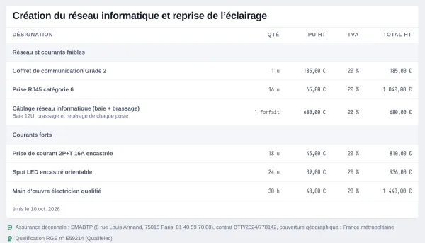 Le détail d’une facture dans Aplorio : lots, lignes, TVA multi-taux et mentions du bâtiment.
