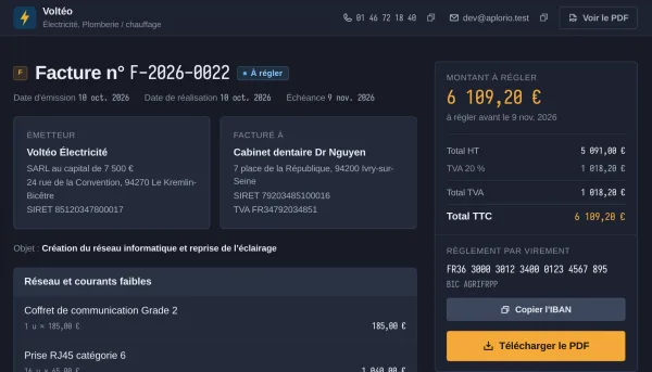 La page publique d’une facture Aplorio : le client voit le montant à régler, copie l’IBAN et télécharge le PDF.