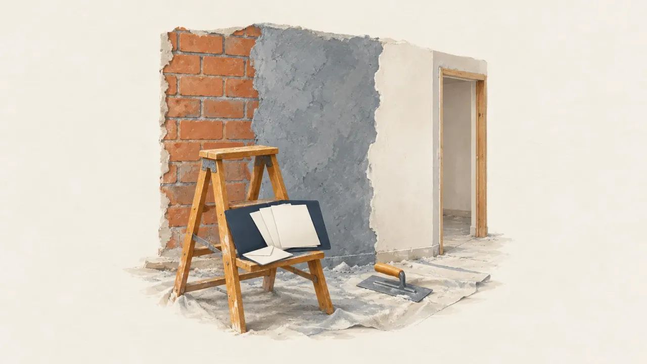Mur en chantier passant de la brique nue à un enduit gris puis à un plâtre blanc, avec un escabeau en bois chargé de documents et une taloche posée au sol.