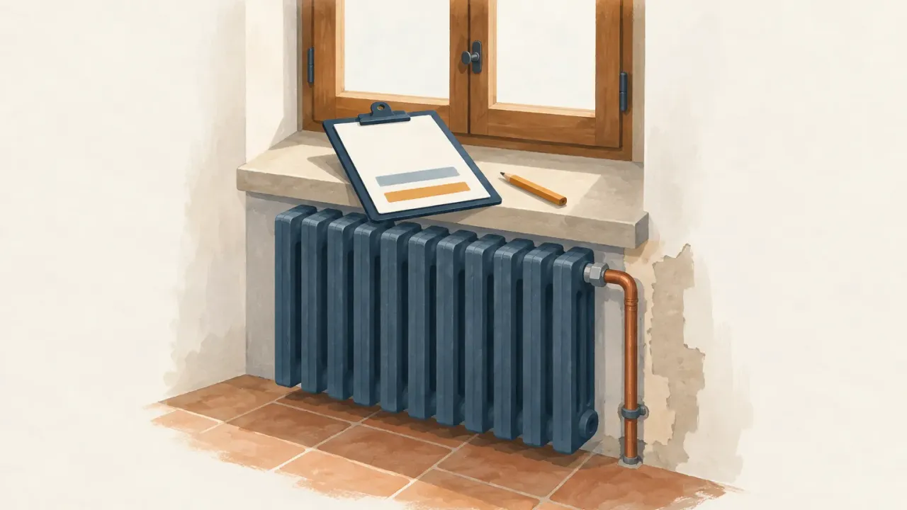 Radiateur en fonte bleu marine sous une fenêtre en bois, une planchette à pince et un crayon posés sur la tablette, sol en tomettes.