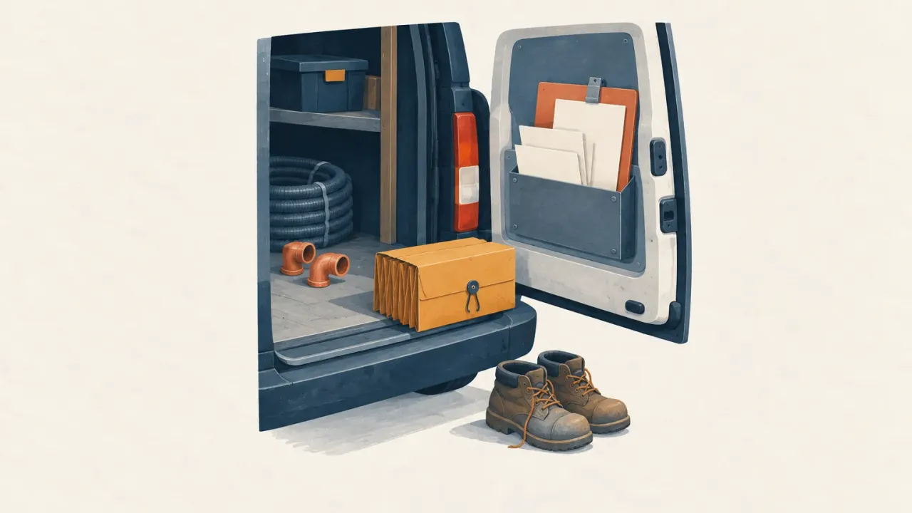 Coffre ouvert de camionnette avec raccords en cuivre, dossier accordéon sur le seuil, papiers rangés dans la portière et chaussures de chantier.