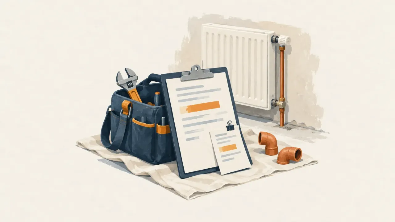 Sac à outils bleu marine et clé à molette posés sur une bâche, avec une planchette à pince, deux coudes en cuivre et un radiateur blanc au mur.