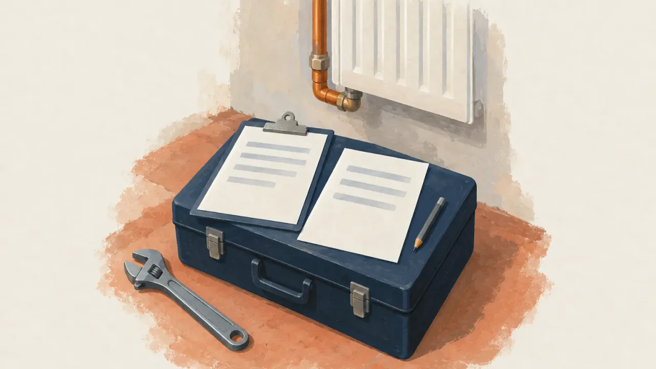 Caisse à outils bleu marine posée sur un carrelage en terre cuite, avec deux documents, un crayon et une clé à molette, sous un radiateur blanc.