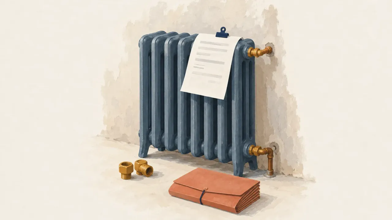 Radiateur en fonte bleu ardoise avec une feuille pincée sur le dessus, raccords en laiton posés au sol et pochette terracotta fermée devant lui.
