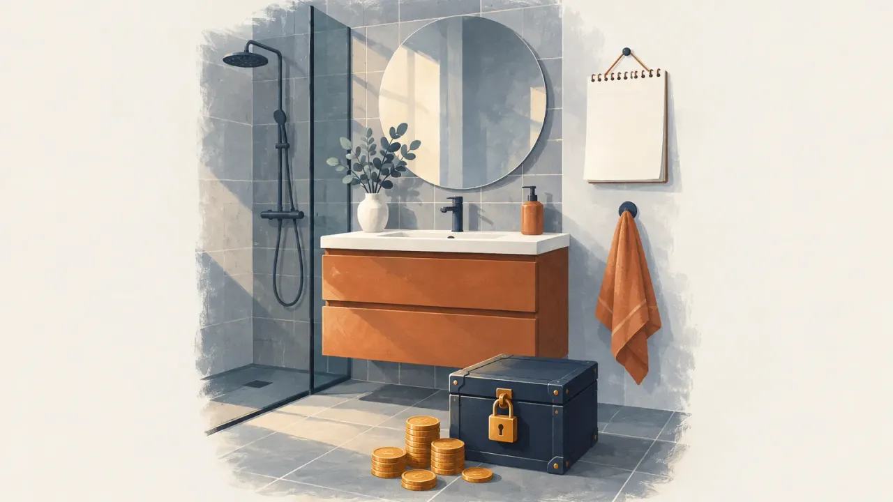 Salle de bain refaite à neuf, avec un meuble vasque en bois, un coffre cadenassé et des piles de pièces posés au sol devant.
