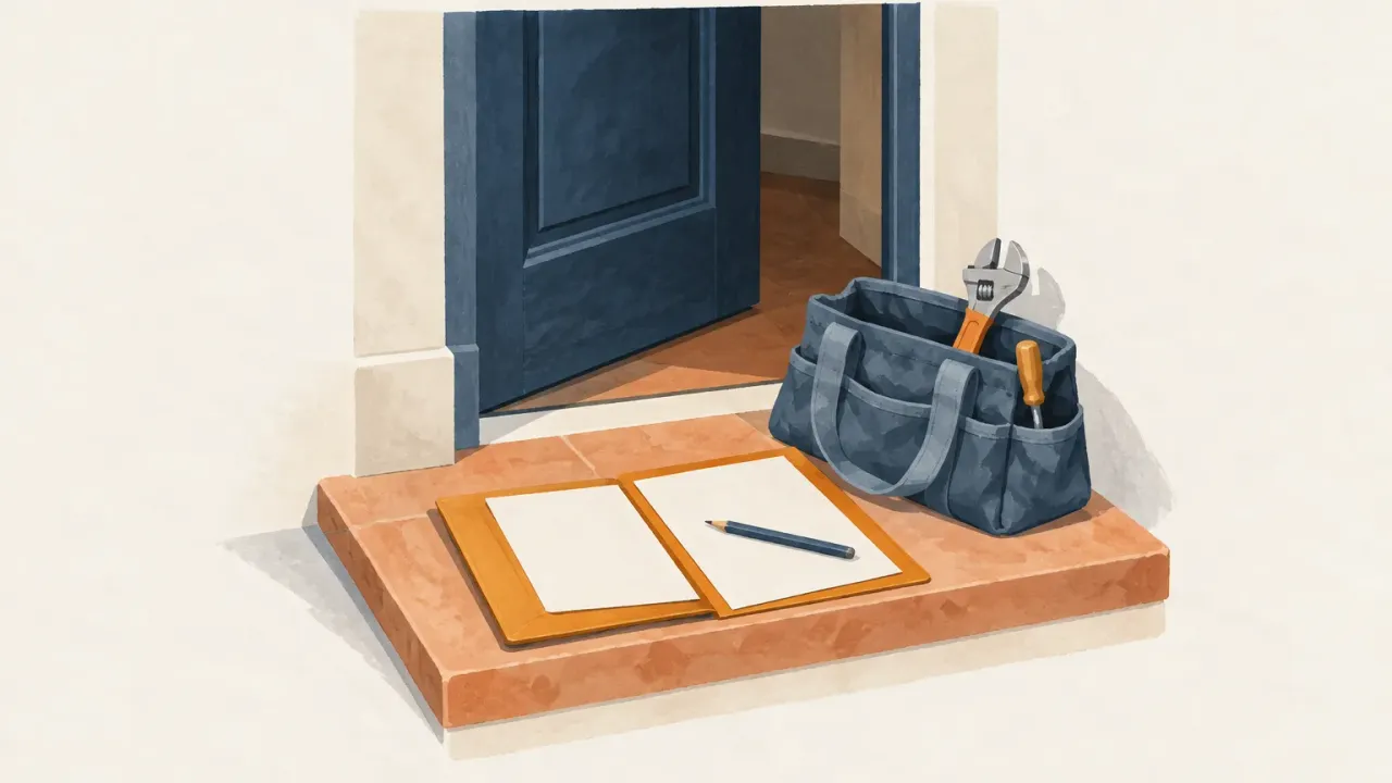 Seuil en terre cuite devant une porte bleue entrouverte, avec un dossier ouvert, un crayon et un sac à outils contenant une clé à molette et un tournevis.