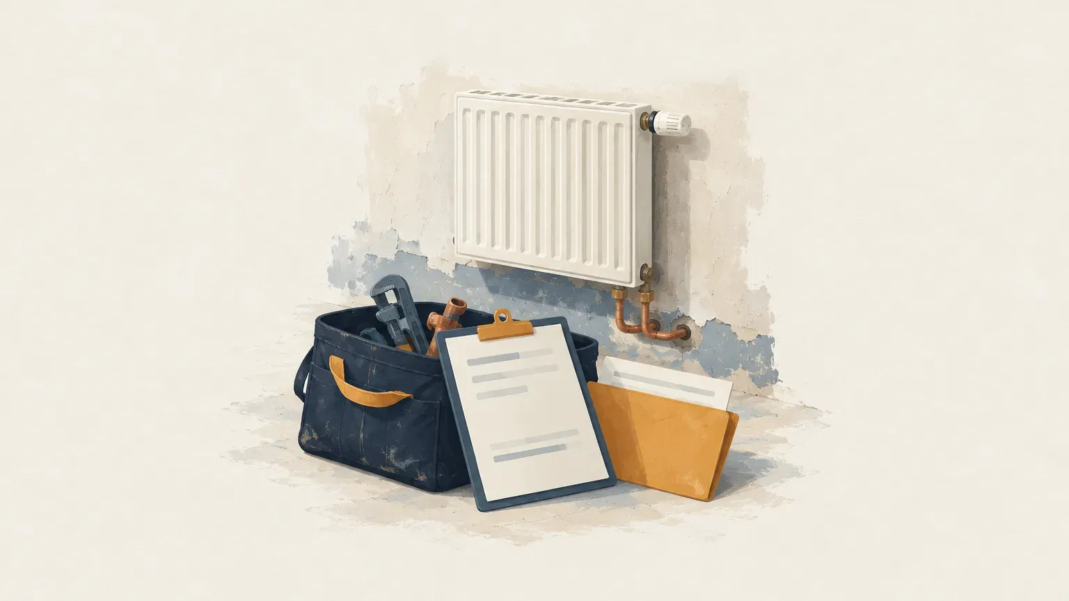 Radiateur blanc fixé à un mur au plâtre écaillé, avec au sol un sac à outils bleu marine, une planchette à pince et une chemise jaune remplie de papiers.
