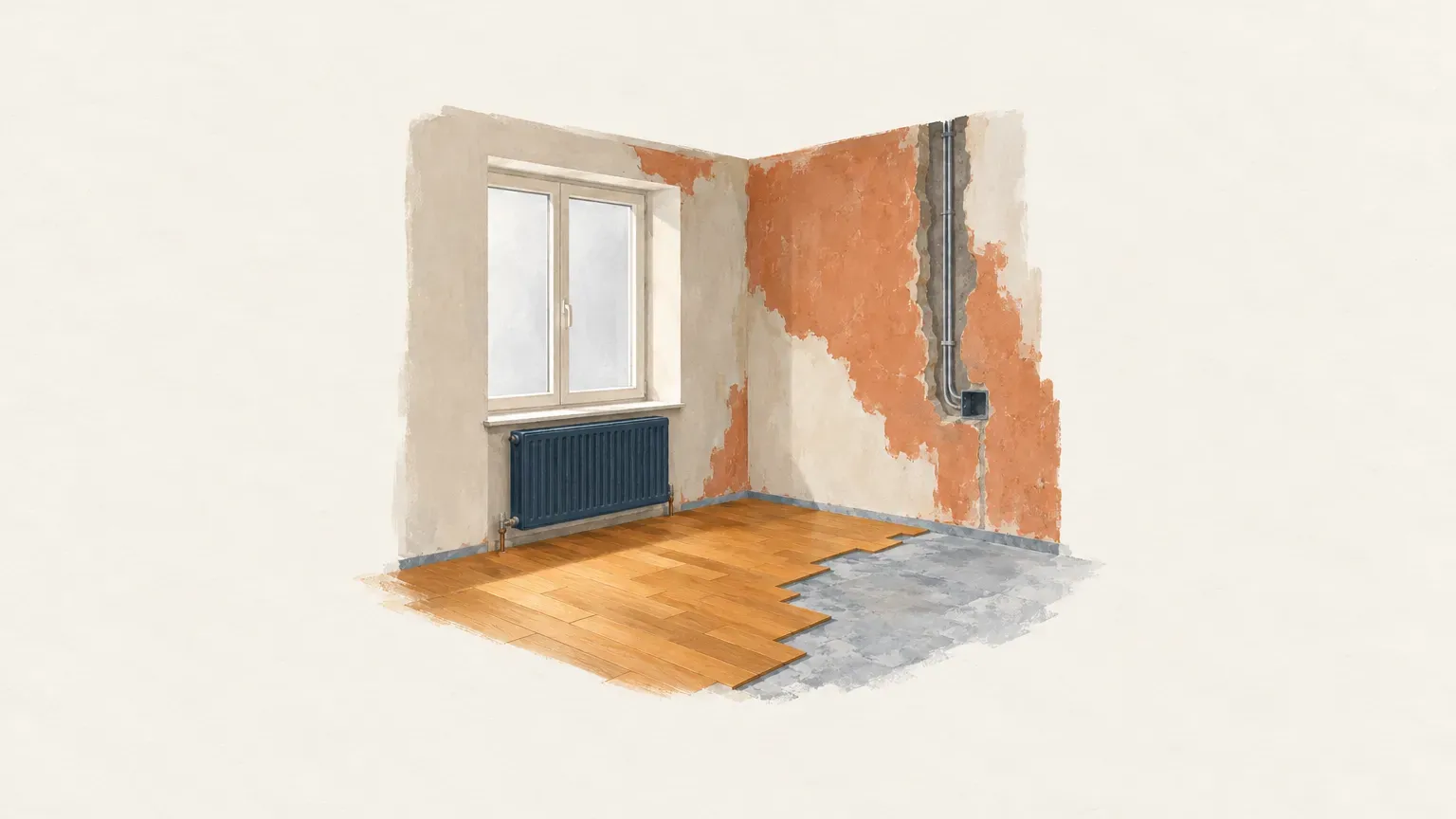 Un coin de pièce en rénovation avec une fenêtre, un radiateur bleu, des murs décapés et un parquet partiellement posé.