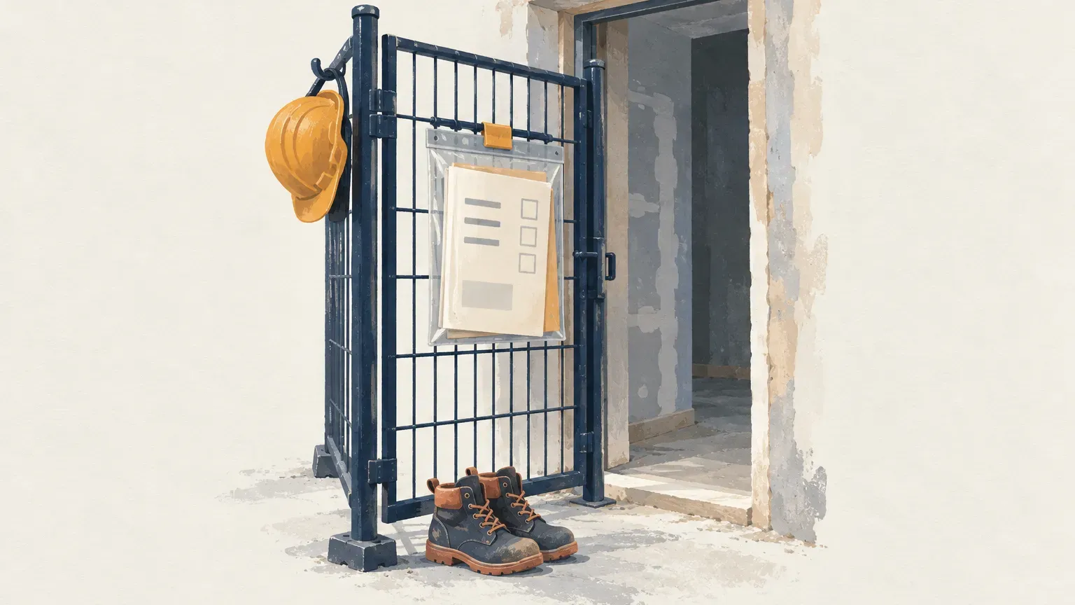 Portillon de chantier bleu avec un casque jaune accroché, un document sous pochette et des chaussures de sécurité, à côté de la porte ouverte.