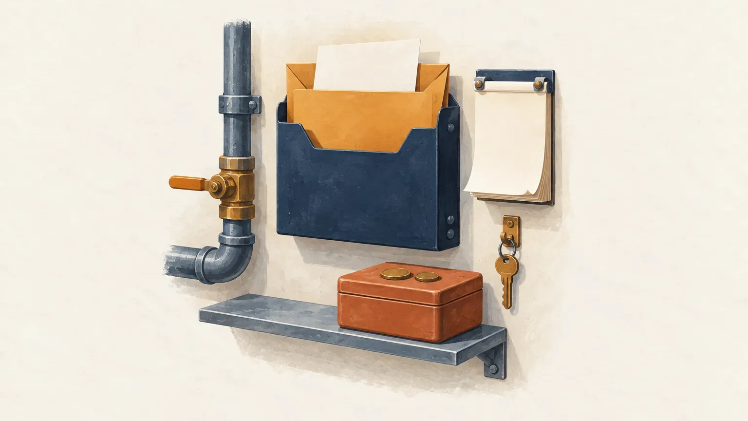 Une conduite munie de sa vanne, une corbeille murale bleue pleine de courrier, un carnet, une clé et une caisse à monnaie sur une étagère.