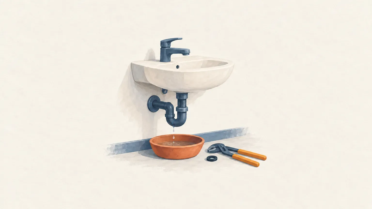 Lavabo suspendu dont le siphon fuit goutte à goutte dans une bassine en terre cuite, avec une pince multiprise et un joint posés au sol.