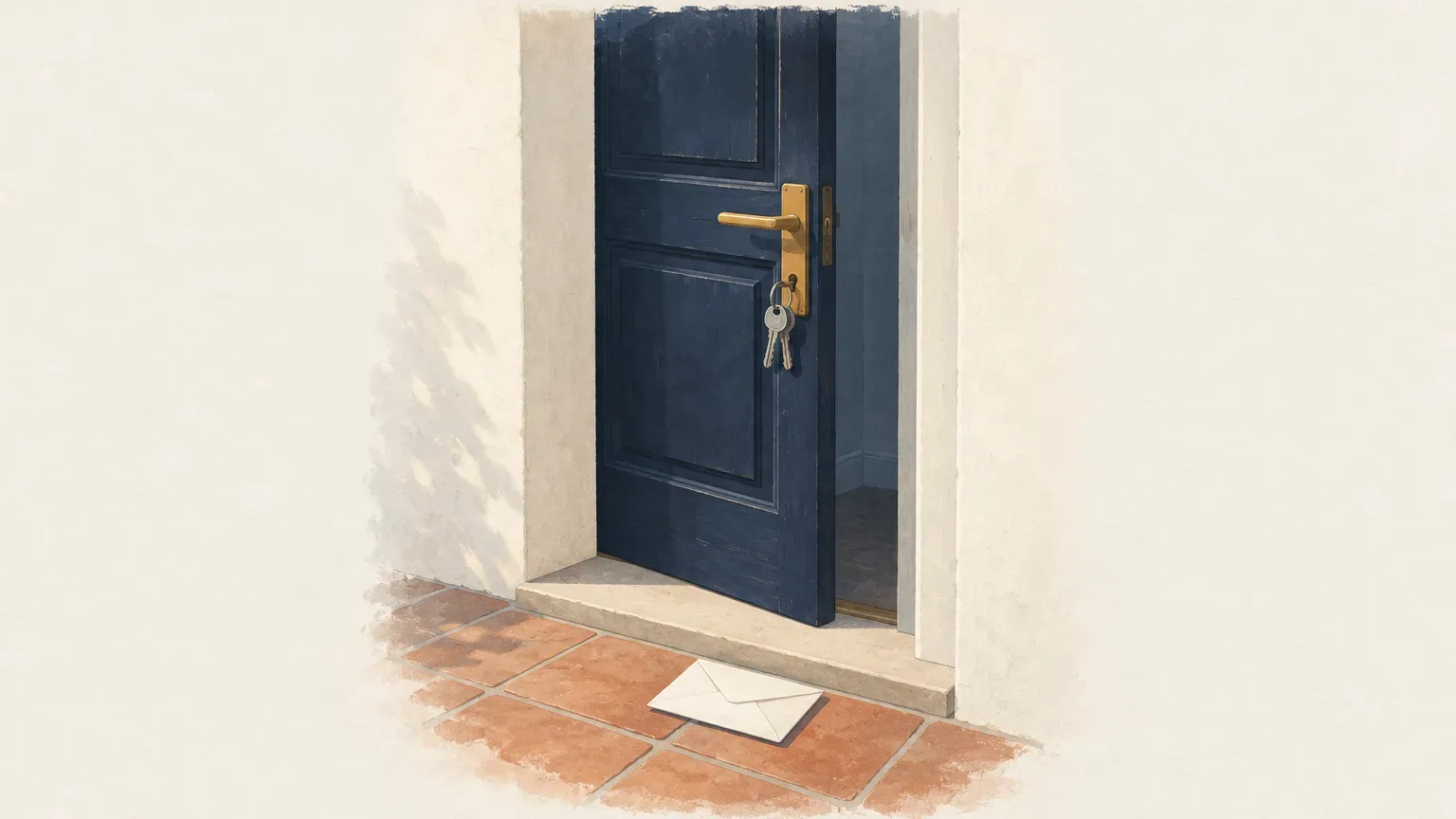 Porte bleu marine entrouverte avec des clés pendues à la serrure et une enveloppe blanche posée sur le carrelage en terre cuite du seuil.