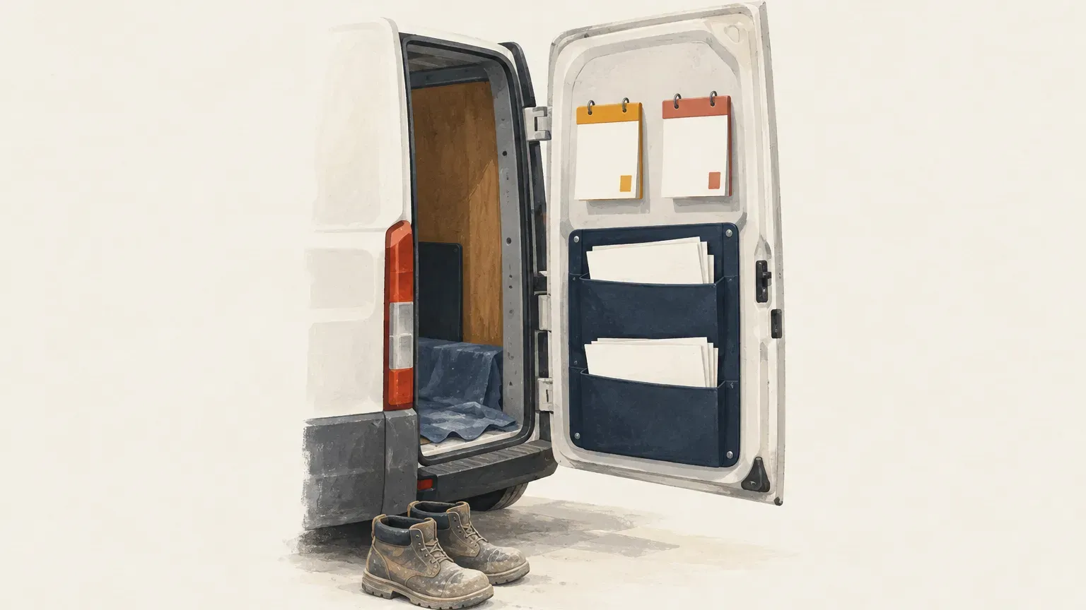 Camionnette blanche porte arrière ouverte, avec deux calendriers et des pochettes de papiers fixés à la porte, et des chaussures de chantier au sol.