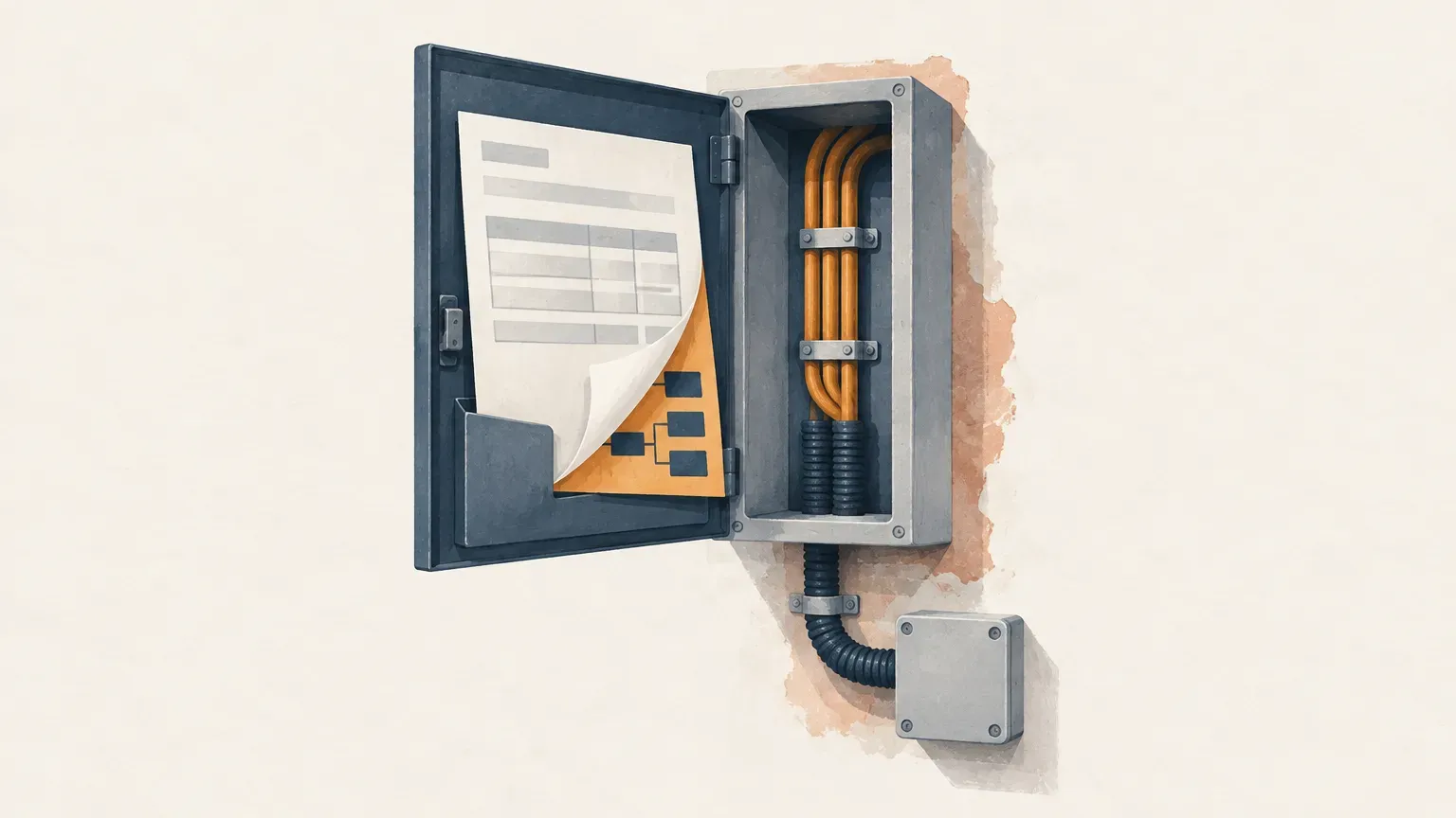 Un coffret électrique mural ouvert, avec une fiche glissée dans sa porte et des câbles orange qui descendent vers une boîte de dérivation.
