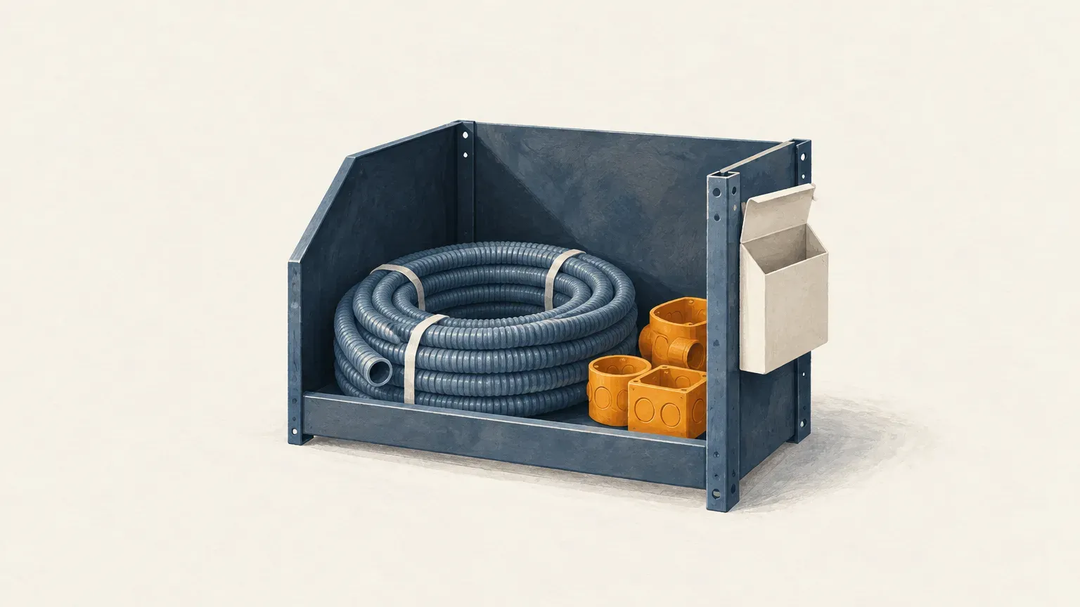 Bac métallique bleu marine contenant une couronne de gaine électrique annelée et des boîtiers orange, une pochette en carton fixée sur le côté.