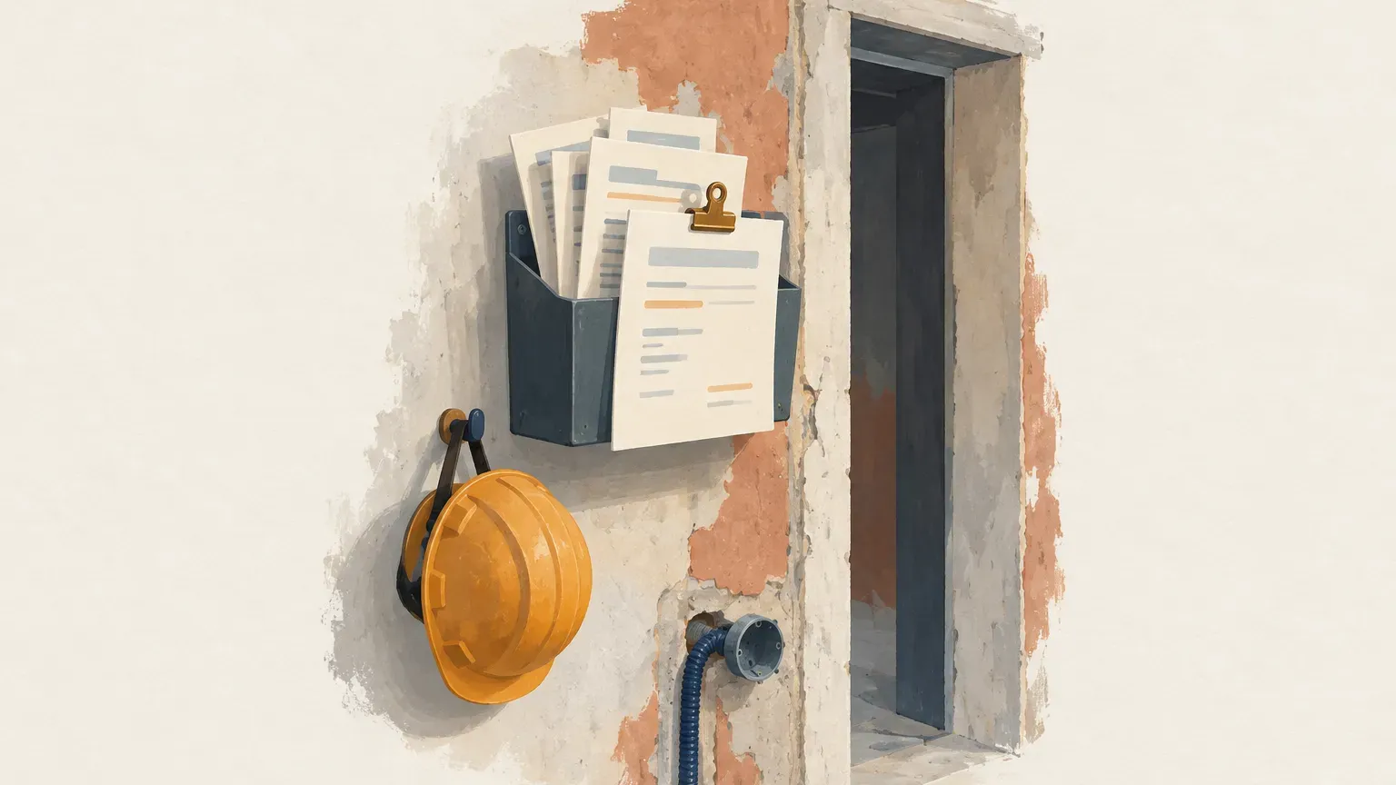 Un casque de chantier orange suspendu à un crochet près d'un bac mural rempli de documents, sur un mur brut à côté d'une ouverture de porte.