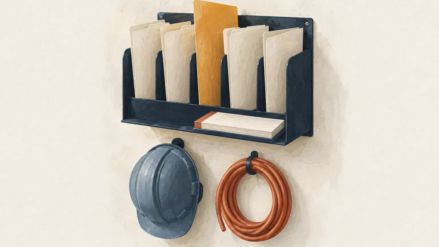 Casier mural bleu marine garni de dossiers crème et une chemise jaune, avec un casque de chantier et un câble orange enroulé accrochés dessous.
