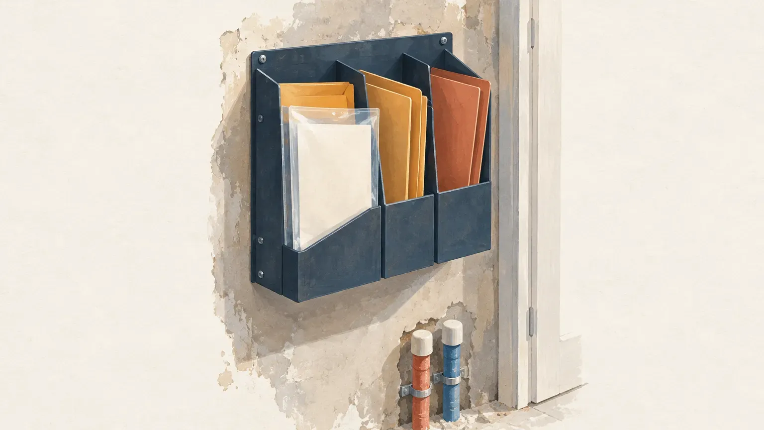 Un trieur mural en métal bleu marine garni de pochettes jaunes et rouges, fixé à un mur décrépi, avec deux tuyaux en dessous et une porte à droite.