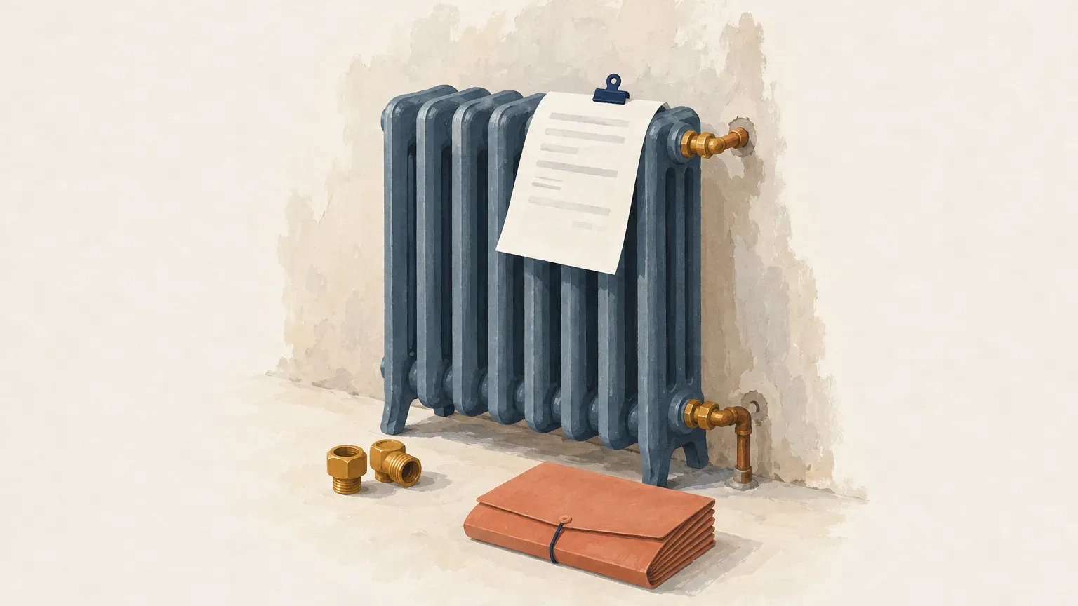 Radiateur en fonte bleu ardoise avec une feuille pincée sur le dessus, raccords en laiton posés au sol et pochette terracotta fermée devant lui.