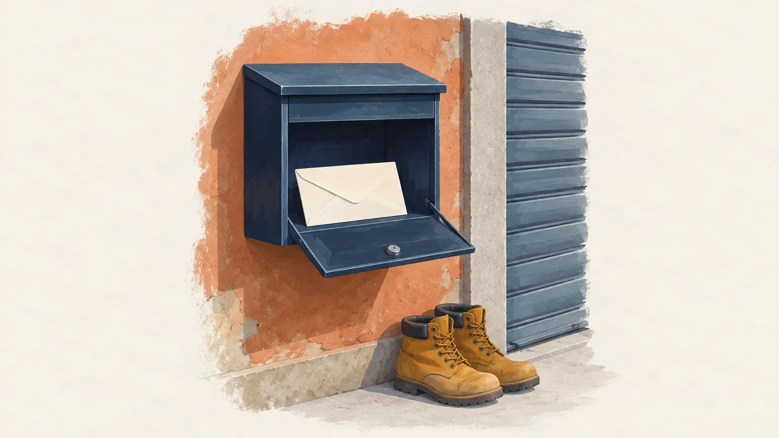 Boîte aux lettres bleu marine ouverte sur un mur orangé, une enveloppe dedans, et des chaussures de chantier posées au pied du mur.