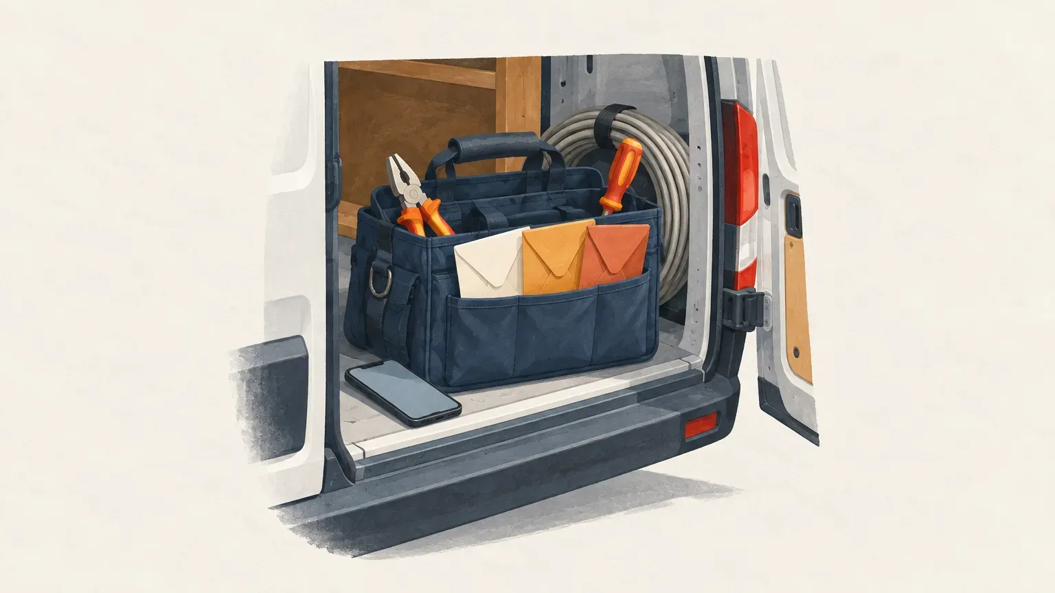 Sac à outils bleu marine posé dans le coffre ouvert de la camionnette, avec une pince, un tournevis, trois enveloppes et un smartphone à côté.