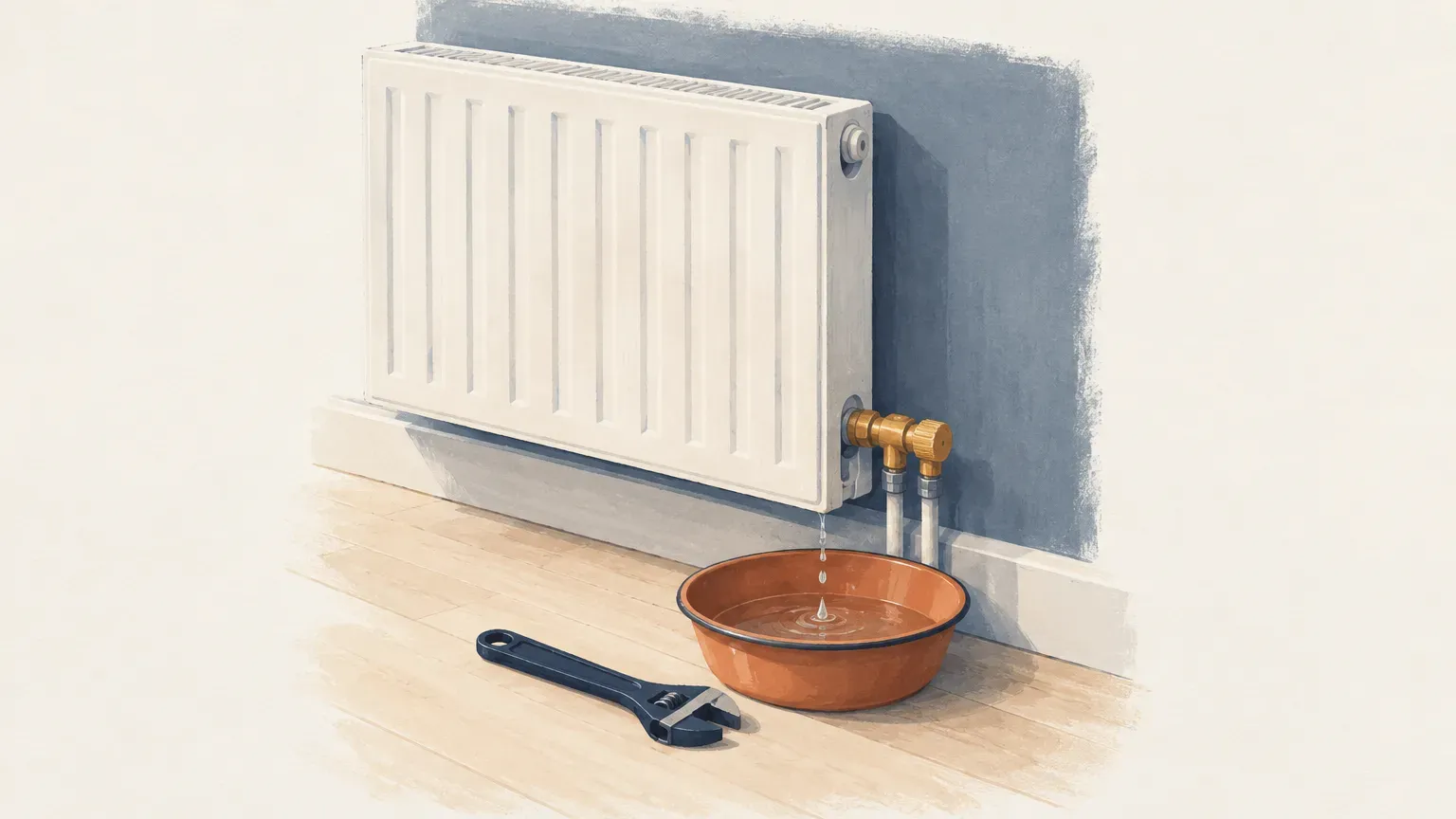 Un radiateur blanc laisse tomber des gouttes dans une bassine orange sur un parquet, près d’une clé à molette.