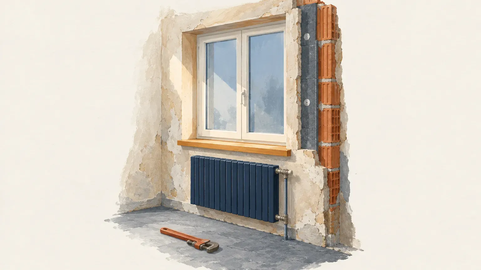 Mur en cours de rénovation avec une fenêtre neuve, une coupe montrant briques et isolant, un radiateur bleu marine et une clé à tube au sol.