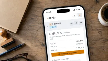 Une facture émise dans Aplorio, sur un téléphone posé sur le bureau.